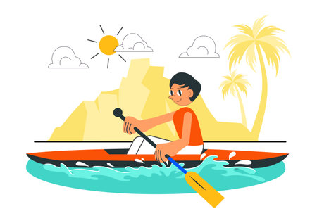 People Enjoying Rowing Vector Illustration Featuring Canoes and Sailing on a River or Lake as Part of Active Water Sports in a Flat Style Backgroundのイラスト素材