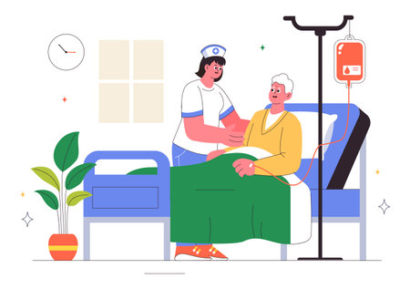 Elderly Care Services Vector Illustration Featuring Life with a Caregiver, Nursing Home, Assisted Living, and Support in a Flat Style Backgroundのイラスト素材