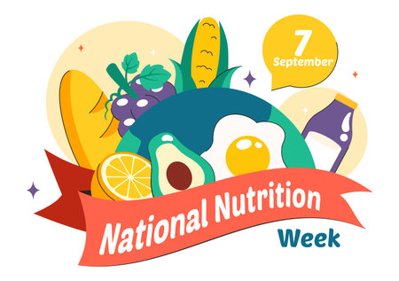 National Nutrition Week Day Illustration on September 7 Featuring Healthy Food and Lifestyle Choices such as Fruits and Vegetables in a Backgroundのイラスト素材
