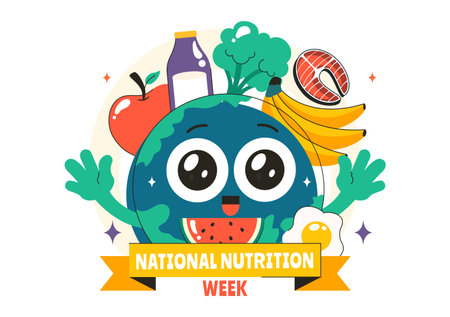 National Nutrition Week Day Illustration on September 7 Featuring Healthy Food and Lifestyle Choices such as Fruits and Vegetables in a Backgroundのイラスト素材