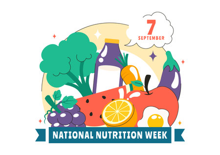 National Nutrition Week Day Illustration on September 7 Featuring Healthy Food and Lifestyle Choices such as Fruits and Vegetables in a Backgroundのイラスト素材