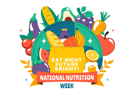 National Nutrition Week Day Illustration on September 7 Featuring Healthy Food and Lifestyle Choices such as Fruits and Vegetables in a Backgroundのイラスト素材