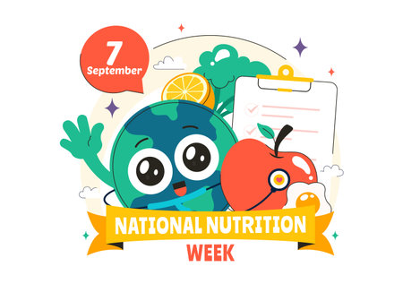 National Nutrition Week Day Illustration on September 7 Featuring Healthy Food and Lifestyle Choices such as Fruits and Vegetables in a Backgroundのイラスト素材