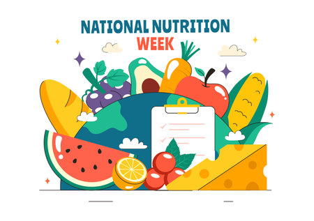National Nutrition Week Day Illustration on September 7 Featuring Healthy Food and Lifestyle Choices such as Fruits and Vegetables in a Backgroundのイラスト素材