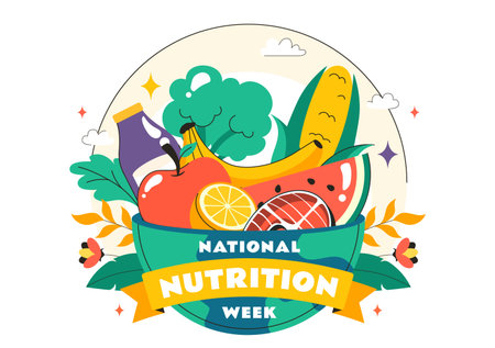 National Nutrition Week Day Illustration on September 7 Featuring Healthy Food and Lifestyle Choices such as Fruits and Vegetables in a Backgroundのイラスト素材