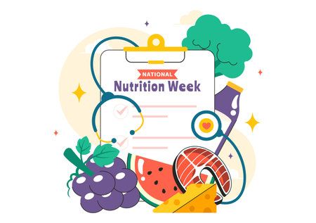 National Nutrition Week Day Illustration on September 7 Featuring Healthy Food and Lifestyle Choices such as Fruits and Vegetables in a Backgroundのイラスト素材