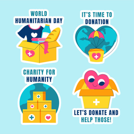 Flat Design Humanitarian Day Template with Cartoon Drawing Label Elementsのイラスト素材