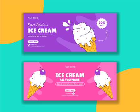 Tasty Ice Cream Social Media Banner in Flat Hand Drawn Cartoon Style Illustrationのイラスト素材