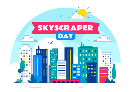 Skyscraper Day Illustration on September 3 Featuring City Infrastructure, Public Spaces, Urban Buildings, and a Modern Skyscraper in a Backgroundのイラスト素材