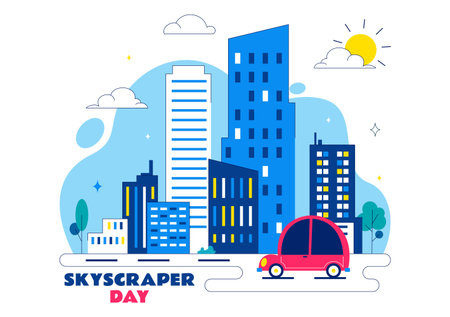 Skyscraper Day Illustration on September 3 Featuring City Infrastructure, Public Spaces, Urban Buildings, and a Modern Skyscraper in a Backgroundのイラスト素材