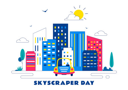 Skyscraper Day Illustration on September 3 Featuring City Infrastructure, Public Spaces, Urban Buildings, and a Modern Skyscraper in a Backgroundのイラスト素材