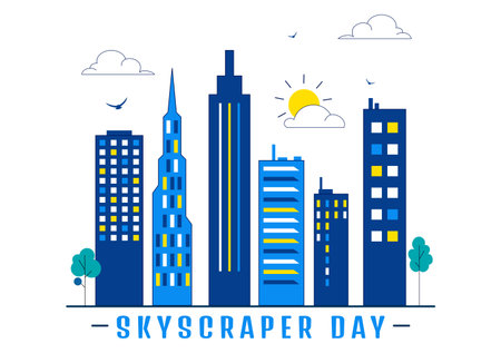 Skyscraper Day Illustration on September 3 Featuring City Infrastructure, Public Spaces, Urban Buildings, and a Modern Skyscraper in a Backgroundのイラスト素材