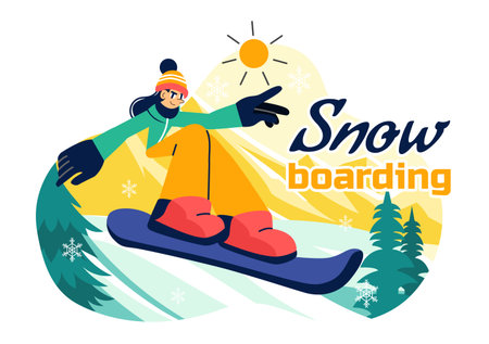 Snowboarding Vector Illustration Featuring People Sliding and Jumping on a Snowy Mountain Slope During Winter in a Flat Style Cartoon Backgroundのイラスト素材