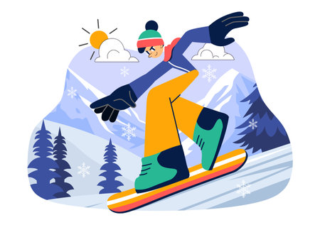 Snowboarding Vector Illustration Featuring People Sliding and Jumping on a Snowy Mountain Slope During Winter in a Flat Style Cartoon Backgroundのイラスト素材