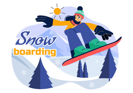 Snowboarding Vector Illustration Featuring People Sliding and Jumping on a Snowy Mountain Slope During Winter in a Flat Style Cartoon Backgroundのイラスト素材