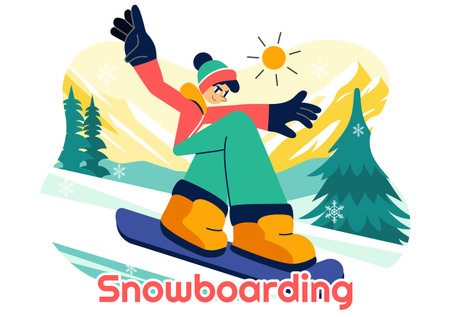 Snowboarding Vector Illustration Featuring People Sliding and Jumping on a Snowy Mountain Slope During Winter in a Flat Style Cartoon Backgroundのイラスト素材