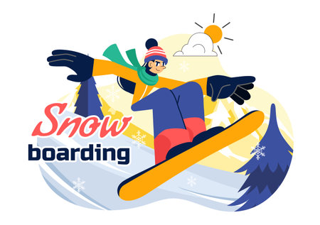 Snowboarding Vector Illustration Featuring People Sliding and Jumping on a Snowy Mountain Slope During Winter in a Flat Style Cartoon Backgroundのイラスト素材