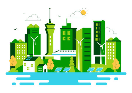 Green Building Vector Illustration Featuring a Beautiful Modern Eco Friendly Green City Panoramic View with Skyscrapers, Ecology and Sustainabilityのイラスト素材