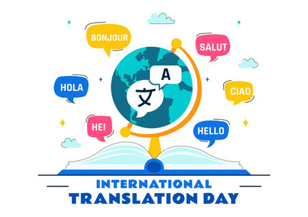 International Translator or Translation Language Day Illustration with Hello Greetings from Different Countries and Multilingual Global Communicationのイラスト素材