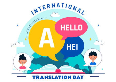 International Translator or Translation Language Day Illustration with Hello Greetings from Different Countries and Multilingual Global Communicationのイラスト素材