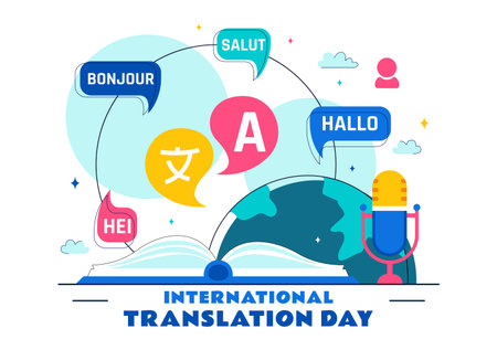 International Translator or Translation Language Day Illustration with Hello Greetings from Different Countries and Multilingual Global Communicationのイラスト素材