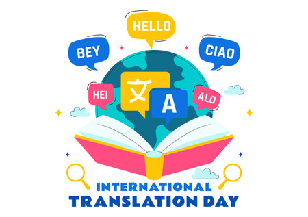 International Translator or Translation Language Day Illustration with Hello Greetings from Different Countries and Multilingual Global Communicationのイラスト素材