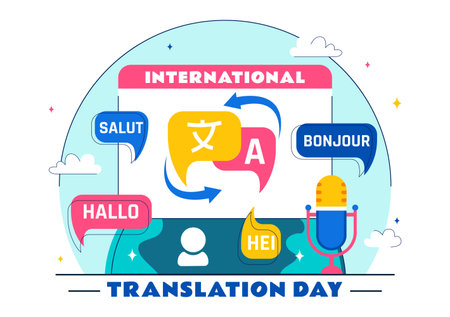 International Translator or Translation Language Day Illustration with Hello Greetings from Different Countries and Multilingual Global Communicationのイラスト素材