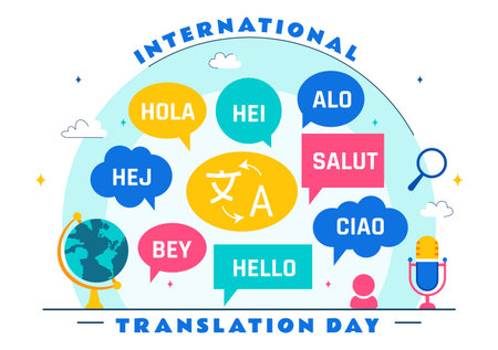 International Translator or Translation Language Day Illustration with Hello Greetings from Different Countries and Multilingual Global Communicationのイラスト素材