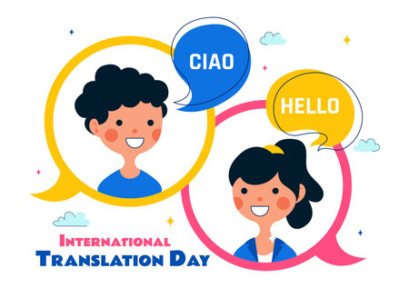 International Translator or Translation Language Day Illustration with Hello Greetings from Different Countries and Multilingual Global Communicationのイラスト素材