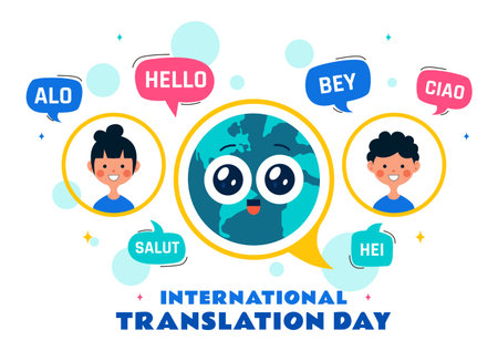 International Translator or Translation Language Day Illustration with Hello Greetings from Different Countries and Multilingual Global Communicationのイラスト素材