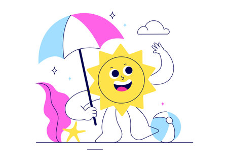 Hello Summer Vector Illustration Featuring the Sea, Beach, Sky, and Tropical Jungle Leaves in a Cute Character Activity Flat Style Cartoon Backgroundのイラスト素材