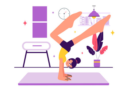 Rhythmic Gymnastics Illustration Featuring Professional Athletes Performing Artistic Acrobatic Moves, Showcasing Strength and Flexibility at Homeのイラスト素材