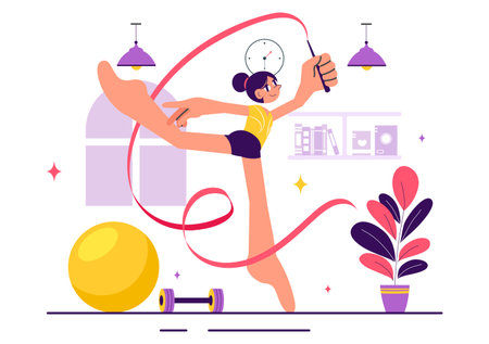 Rhythmic Gymnastics Illustration Featuring Professional Athletes Performing Artistic Acrobatic Moves, Showcasing Strength and Flexibility at Homeのイラスト素材