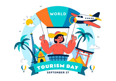 World Tourism Day Vector Illustration featuring a Globe, Famous Landmarks, Architectural Monuments, and National Statues in a Flat Background Designのイラスト素材