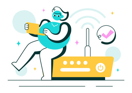 WiFi Security Vector Illustration with Wireless Technology Devices for Internet Connection, Network Protection, Safe Access, and Password Encryptionのイラスト素材