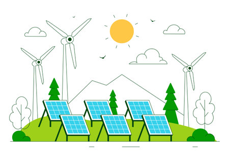 Solar Farms Vector Illustration Featuring Energy Storage Systems with Wind Power Turbines, Solar Panels, and Green Alternative Energy in a Backgroundのイラスト素材