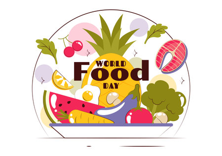 World Food Day Vector Illustration on October 16, Featuring a Variety of Foods, Fruits, and Vegetables in a Flat Style Cartoon Backgroundのイラスト素材