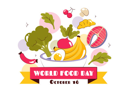 World Food Day Vector Illustration on October 16, Featuring a Variety of Foods, Fruits, and Vegetables in a Flat Style Cartoon Backgroundのイラスト素材