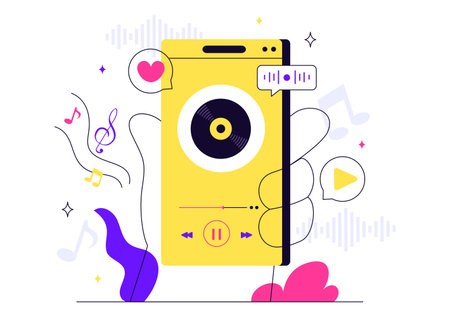 Viral Tunes Vector Illustration Featuring Songs that Became Popular with Sound Waves Equalizer, Voice Signal Circle, and Digital Visualization Soundのイラスト素材