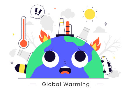 Global Warming Vector Illustration Featuring a Melting or Burning Planet Earth and Thermometer, Raising Awareness to Prevent Environmental Damageのイラスト素材