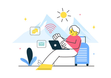 Digital Nomad Lifestyle Vector Illustration Featuring People Working Remotely While Traveling and Enjoying a Holiday in a Flat Style Backgroundのイラスト素材