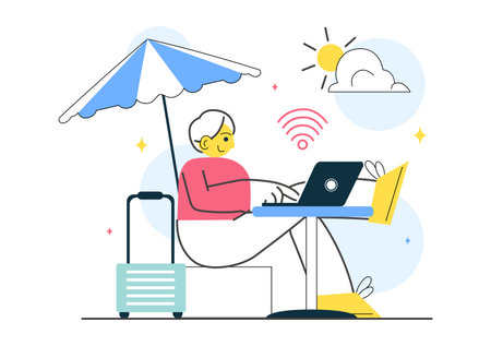 Digital Nomad Lifestyle Vector Illustration Featuring People Working Remotely While Traveling and Enjoying a Holiday in a Flat Style Backgroundのイラスト素材