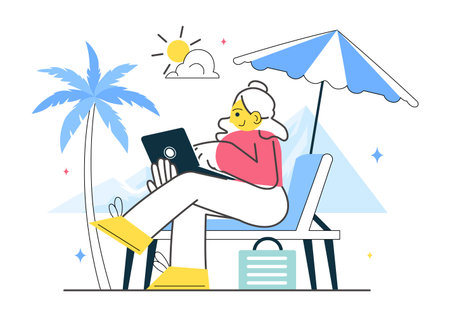 Digital Nomad Lifestyle Vector Illustration Featuring People Working Remotely While Traveling and Enjoying a Holiday in a Flat Style Backgroundのイラスト素材