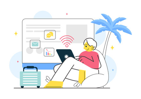 Digital Nomad Lifestyle Vector Illustration Featuring People Working Remotely While Traveling and Enjoying a Holiday in a Flat Style Backgroundのイラスト素材