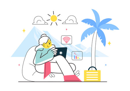 Digital Nomad Lifestyle Vector Illustration Featuring People Working Remotely While Traveling and Enjoying a Holiday in a Flat Style Backgroundのイラスト素材