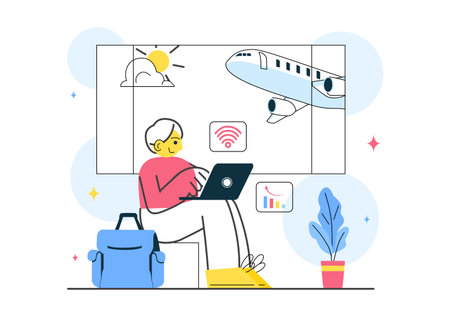 Digital Nomad Lifestyle Vector Illustration Featuring People Working Remotely While Traveling and Enjoying a Holiday in a Flat Style Backgroundのイラスト素材