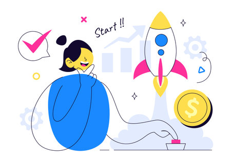 Startup Vector Illustration Featuring the Target of Business Development Process, Innovative Product Launch, Arrow Shooting, and Goal Achievementのイラスト素材