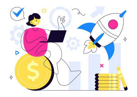 Startup Vector Illustration Featuring the Target of Business Development Process, Innovative Product Launch, Arrow Shooting, and Goal Achievementのイラスト素材
