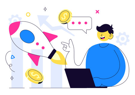 Startup Vector Illustration Featuring the Target of Business Development Process, Innovative Product Launch, Arrow Shooting, and Goal Achievementのイラスト素材