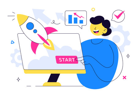 Startup Vector Illustration Featuring the Target of Business Development Process, Innovative Product Launch, Arrow Shooting, and Goal Achievementのイラスト素材
